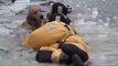 Un chien tombé dans une rivière gelée sauvé par des pompiers.