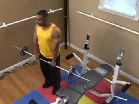 Front Barbell shrugs exercise guidance at gym