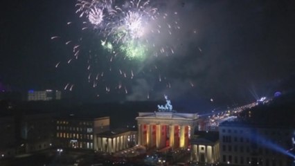 Fireworks light up the night sky at the Brandenburg Gate, welcoming 2014