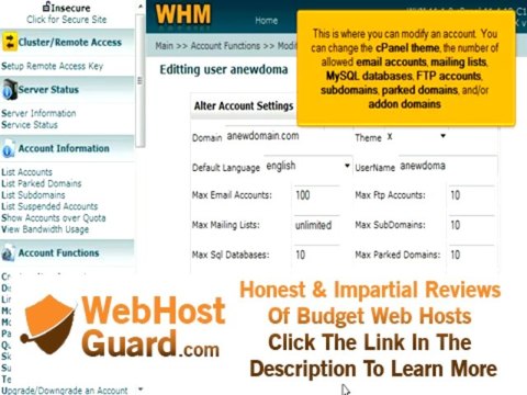 How to modify a cPanel hosting account in WHM