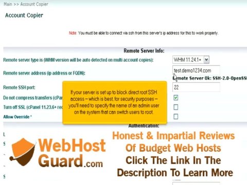 How to copy a hosting account from another server to your WHM server using SSH