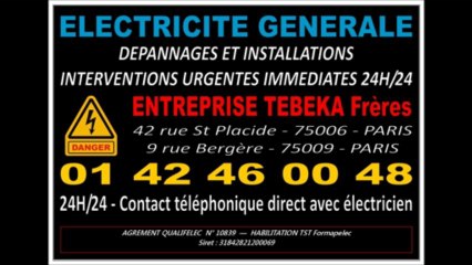 ELECTRICITE GENERALE - 0142460048 - PARIS 7eme - ENTREPRISE QUALIFELEC