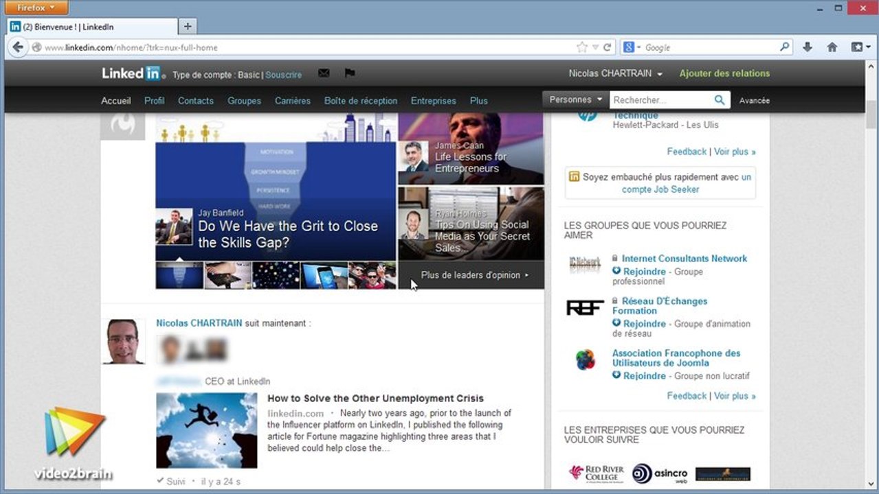 Tutoriel LinkedIn : Utiliser la page d'accueil LinkedIn | video2brain.com