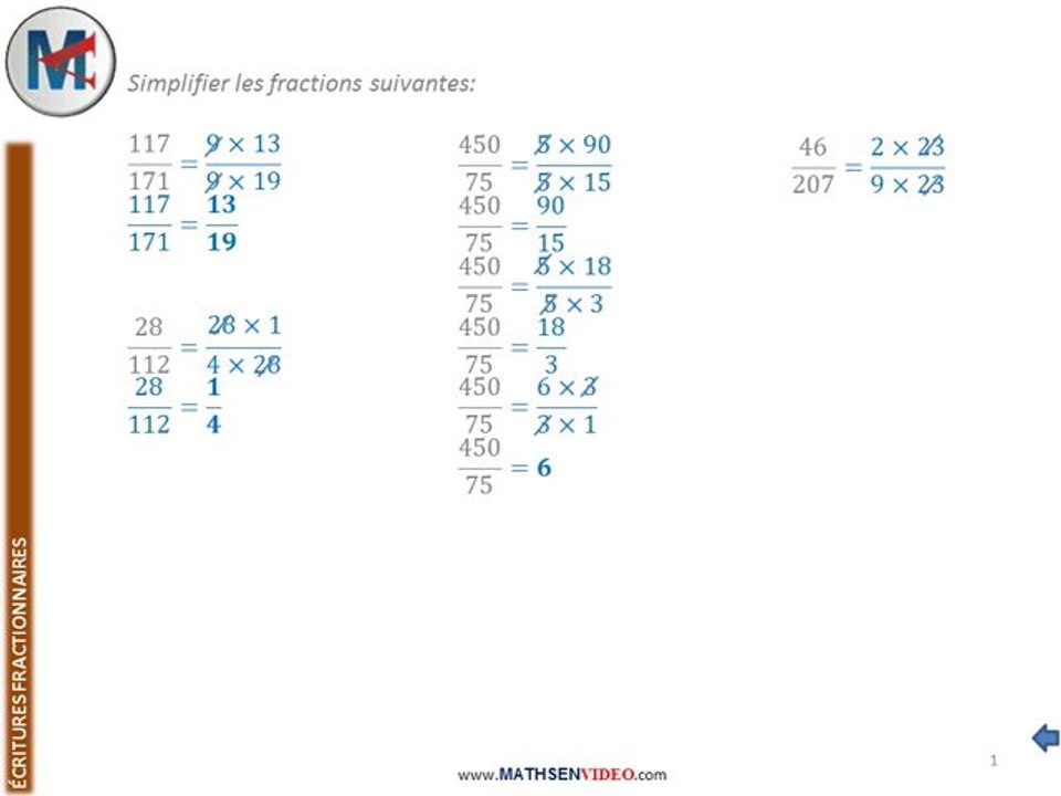 Exercice: Simplification de fractions