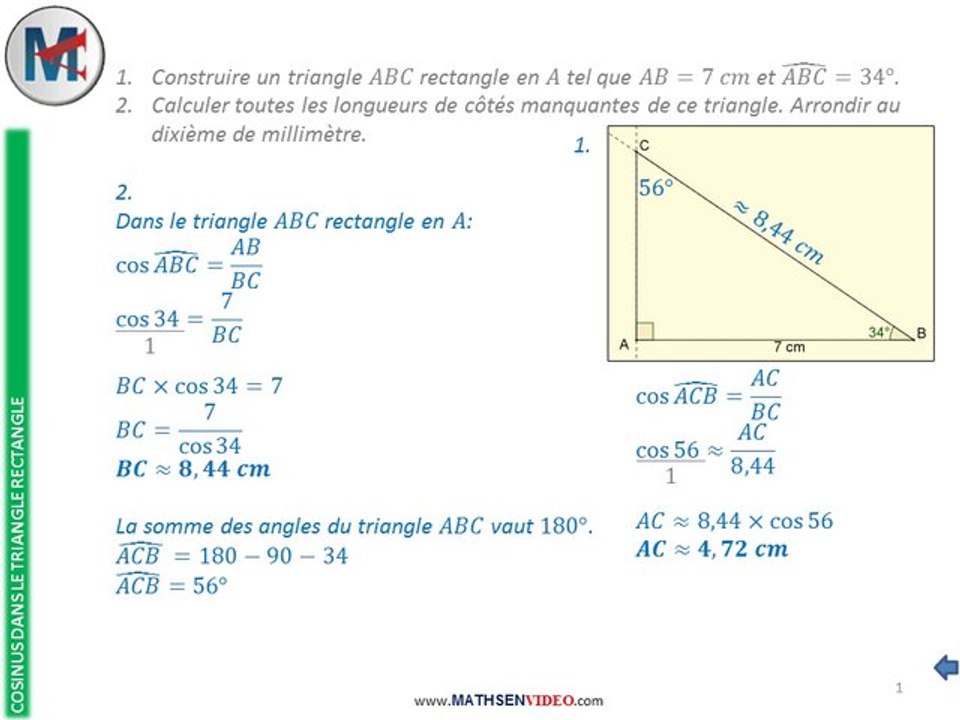 Exercice: Calcul de longueurs avec Cosinus