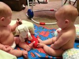 Twin Babies Fight for Toy Puppy