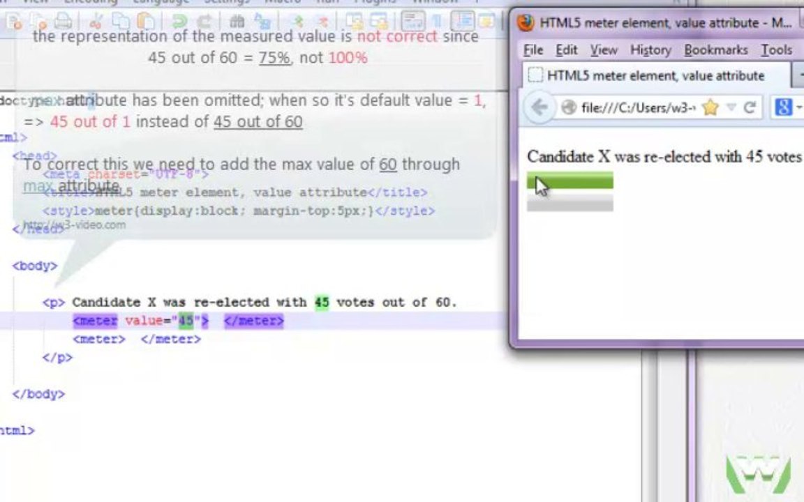 value attribute on meter HTML5, visit w3-video.com