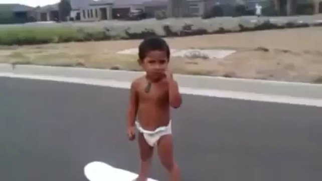 Two-year-old skateboarder in diaper shows his skills!