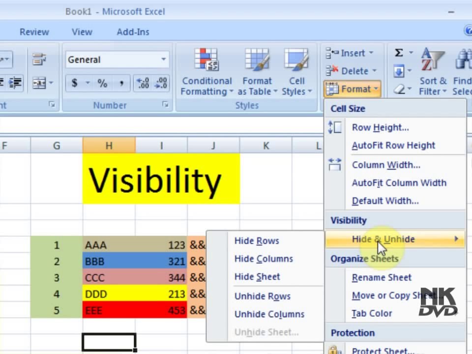 Lesson 24 The Visibility Hide _ Unhide Microsoft Office Excel 2007 2010 free Educational video Training Tutorials in Urdu Hindi language