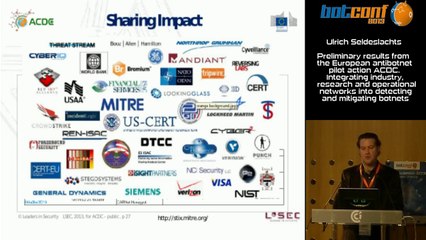 01 – Ulrich Seldeslachts - Invited talk: Preliminary results from the European antibotnet pilot action ACDC. Integrating industry, research and operational networks into detecting and mitigating botnets