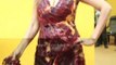 Actress Tanisha Singh during special photo shoot wearing real goat meat dress like Lady Gaga