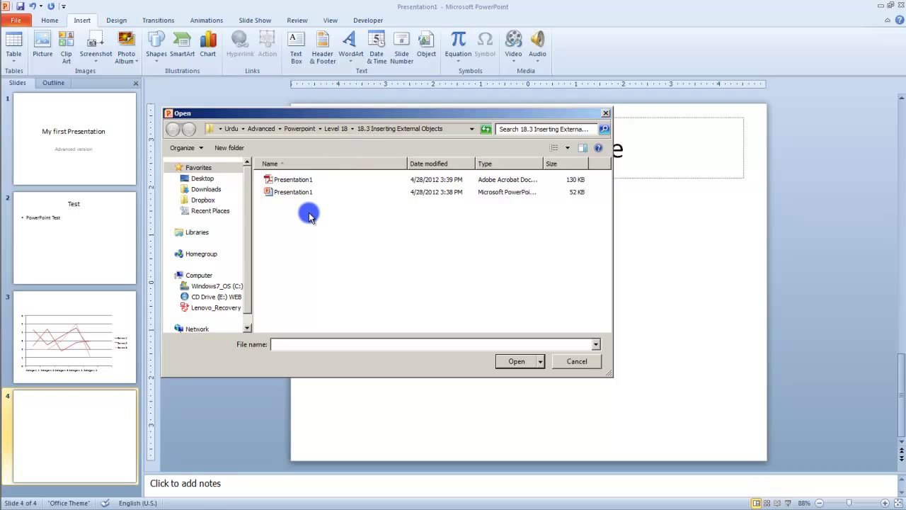 Lesson 18.3 Inserting External Objects - MS PowerPoint Urdu and Hindi language by Microsoft Office Power Point 2010  free online video Training Tutorials