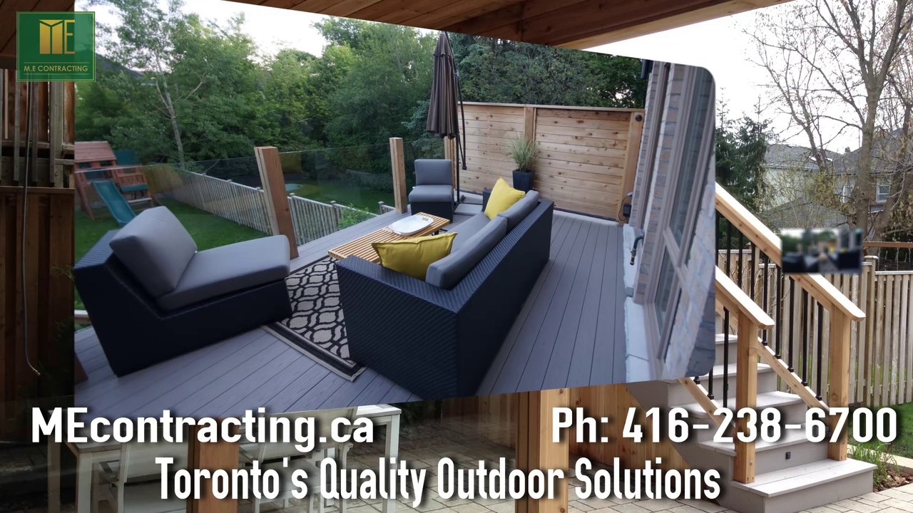 PVC deck with landscaping, interlocking and glass railings