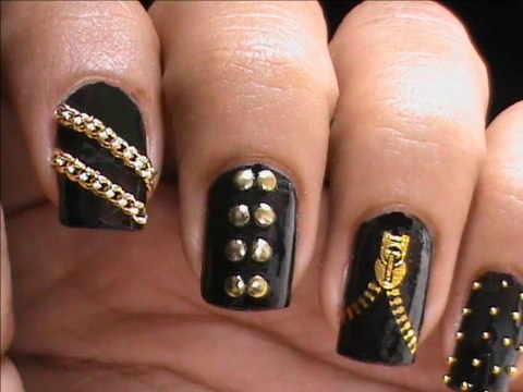 Garage Chic - Biker Studded Nails Art Designs Zip Nail Water Decals How To DIY Nail Polish Easy