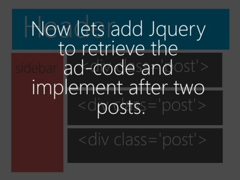 How to add advertisement block between posts using Jquery