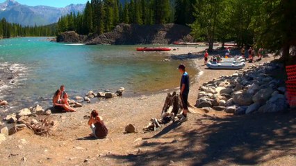 Blue Boat on Bow River in Banff.