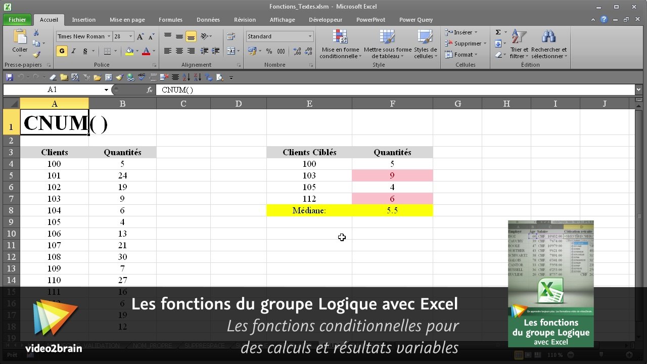 Les fonctions du groupe Texte avec Excel : trailer | video2brain.com