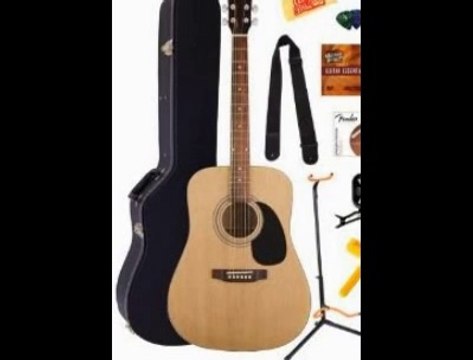 Fender Squier Acoustic Guitar Bundle with Hardshell Case, Guitar Stand, Instructional DVD, Strap, Picks, Strings, String Winder, Tuner, and Polishing Cloth - Natural