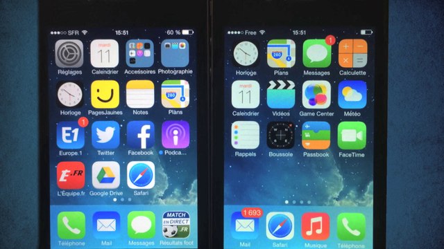 Comparatif de l'interface des versions 7 et et 7.1 de l'interface sur l'iPhone 4