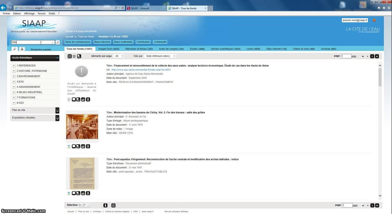 Tutoriel pour s'inscrire à une alerte thematique sur BibliEau