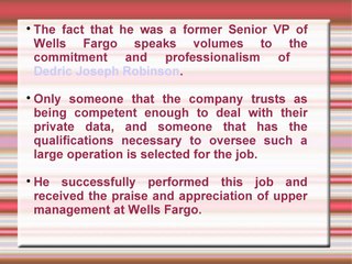 Dedric Joseph Robinson – Former Senior VP of Wells Fargo in Virginia