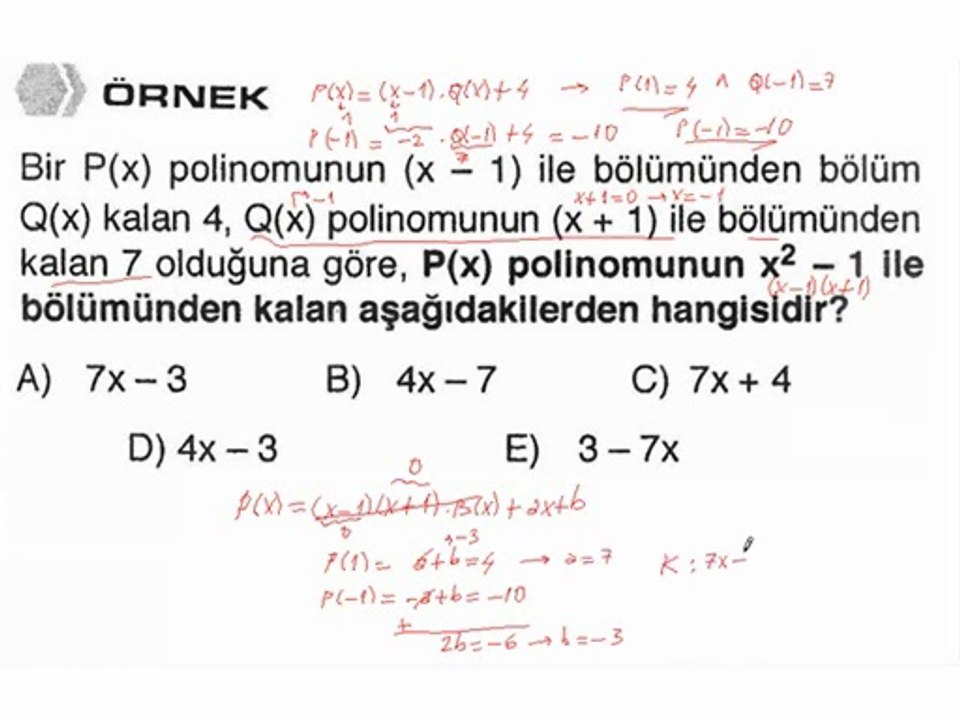 7) Polinomun Herhangi Bir İfade İle Bölümünden Kalan