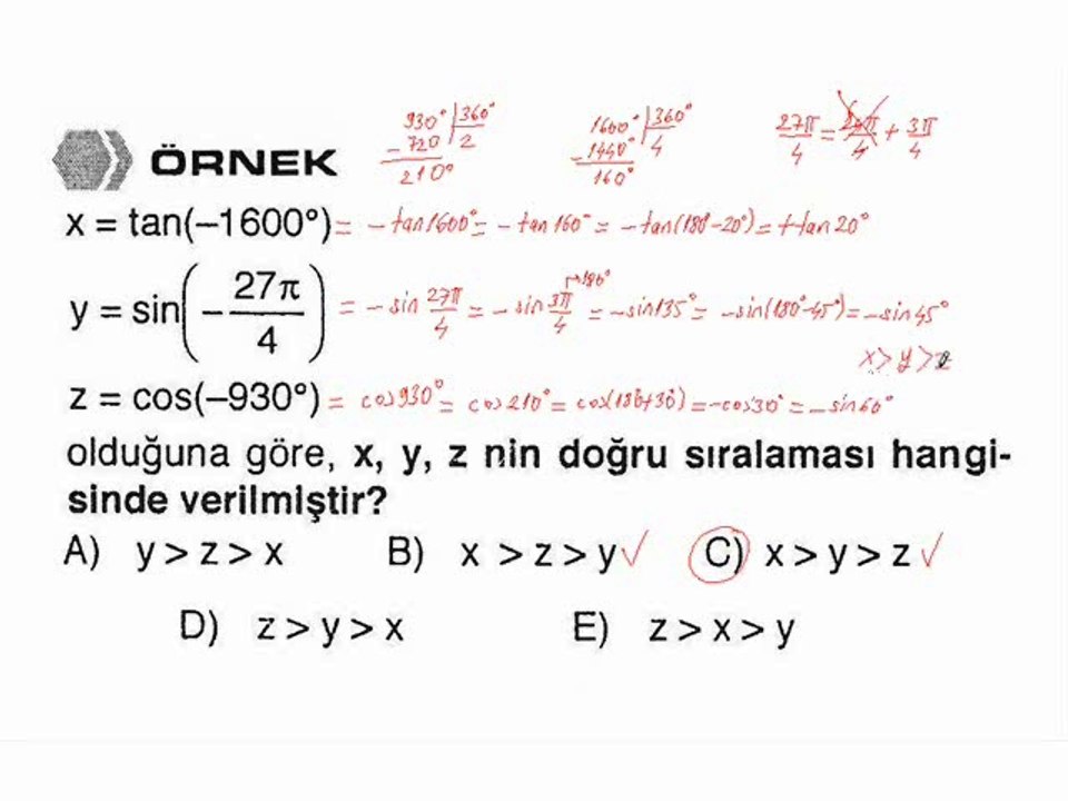 12) Özel Açıların Trigonometrik Oranları ve Trigonometrik Fonksiyonların İşaretleri - 3