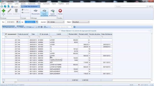 CIEL comptabilité : liste des écritures