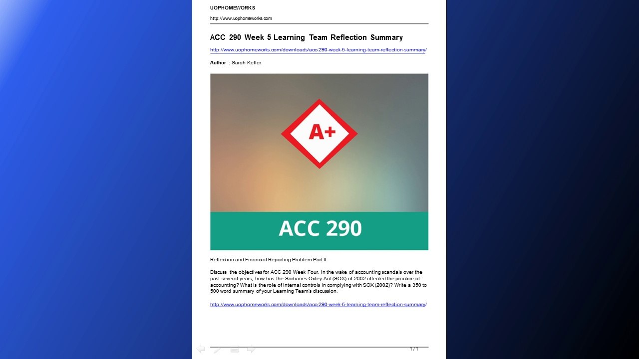 acc 290 week 5 learning team reflection summary