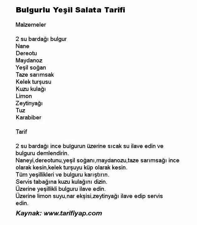 Bulgurlu Yeşil Salata Tarifi