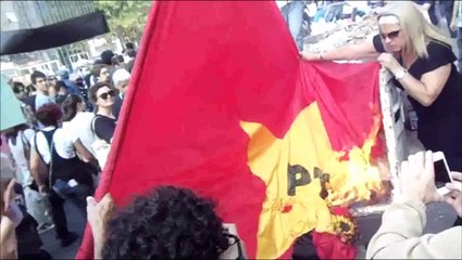 Bandeira do PT sendo queimada na Marcha Contra a Corrupção SP