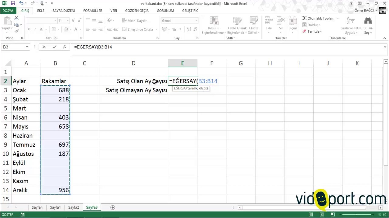 Excel 2013-Ömer BAĞCI- Eğersay işlevi ile aralıktaki dolu ve boş hücreleri saydırmak