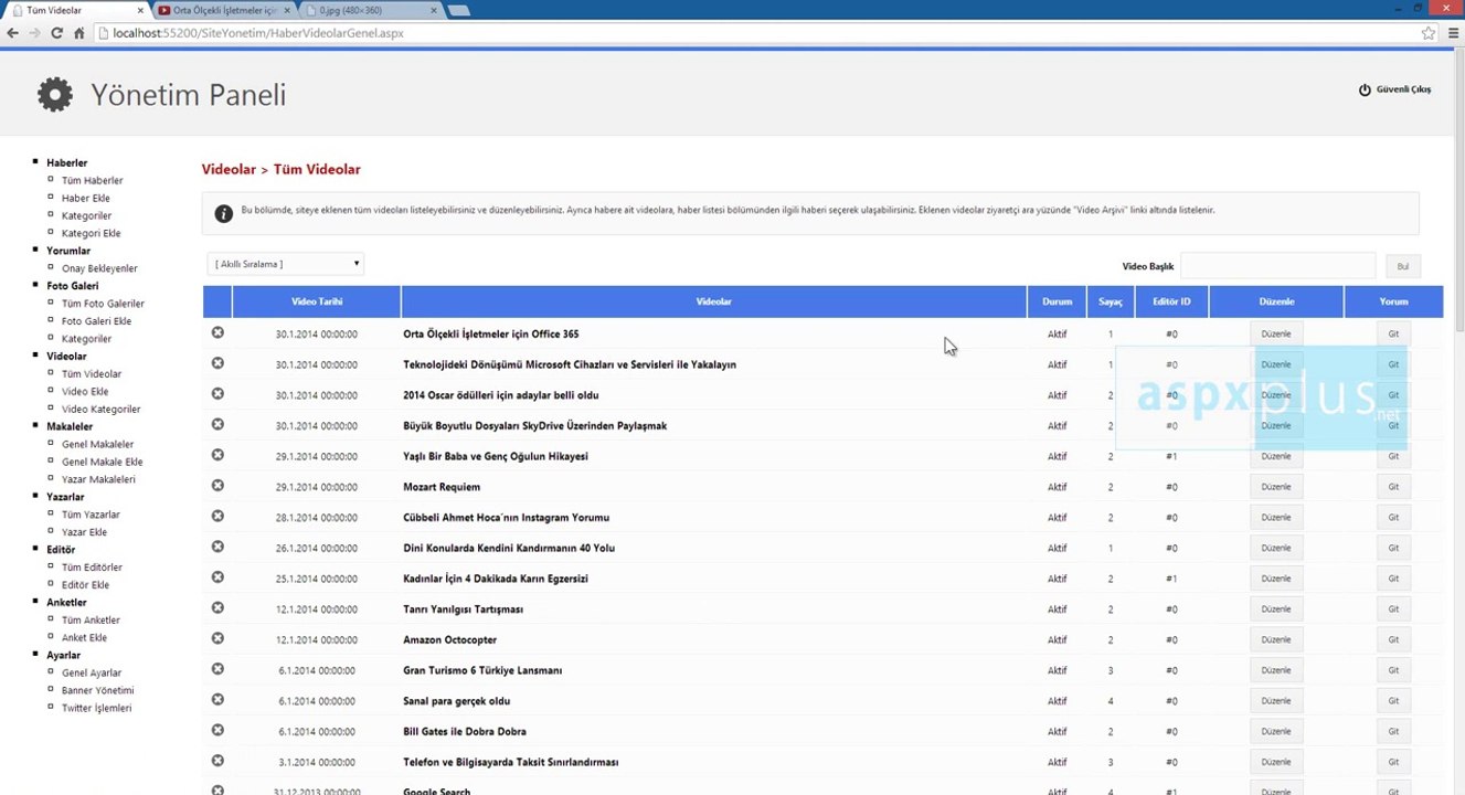 ASPXPLUS E-Haber Sistemi- Video Ekleme - Düzenleme (HD)