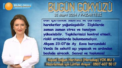 KOVA Burcu, GÜNLÜK Astroloji Yorumu,31 MART 2014, Astrolog DEMET BALTACI Bilinç Okulu