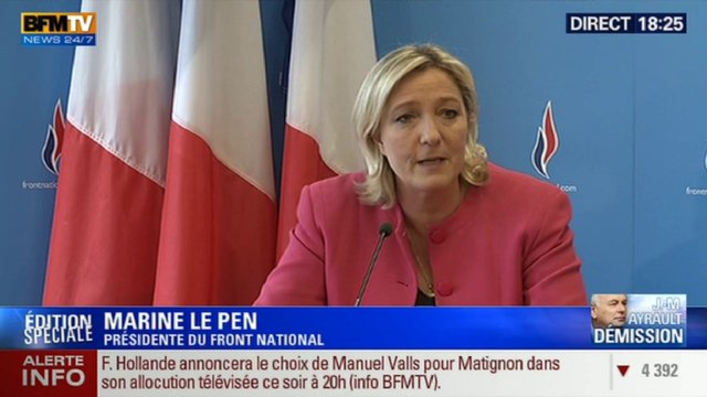 Valls Premier ministre : Cet homme est dangereux , selon Marine Le Pen