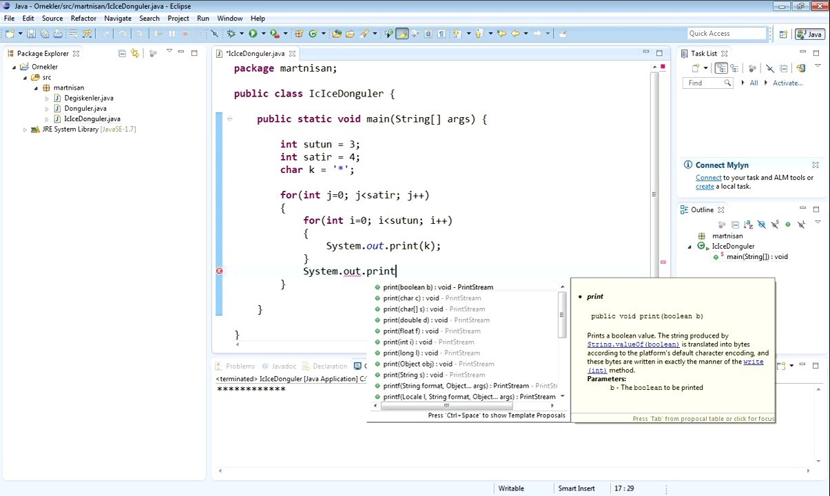 for ile İç içe döngü oluşturma (Java Programlama Dili)