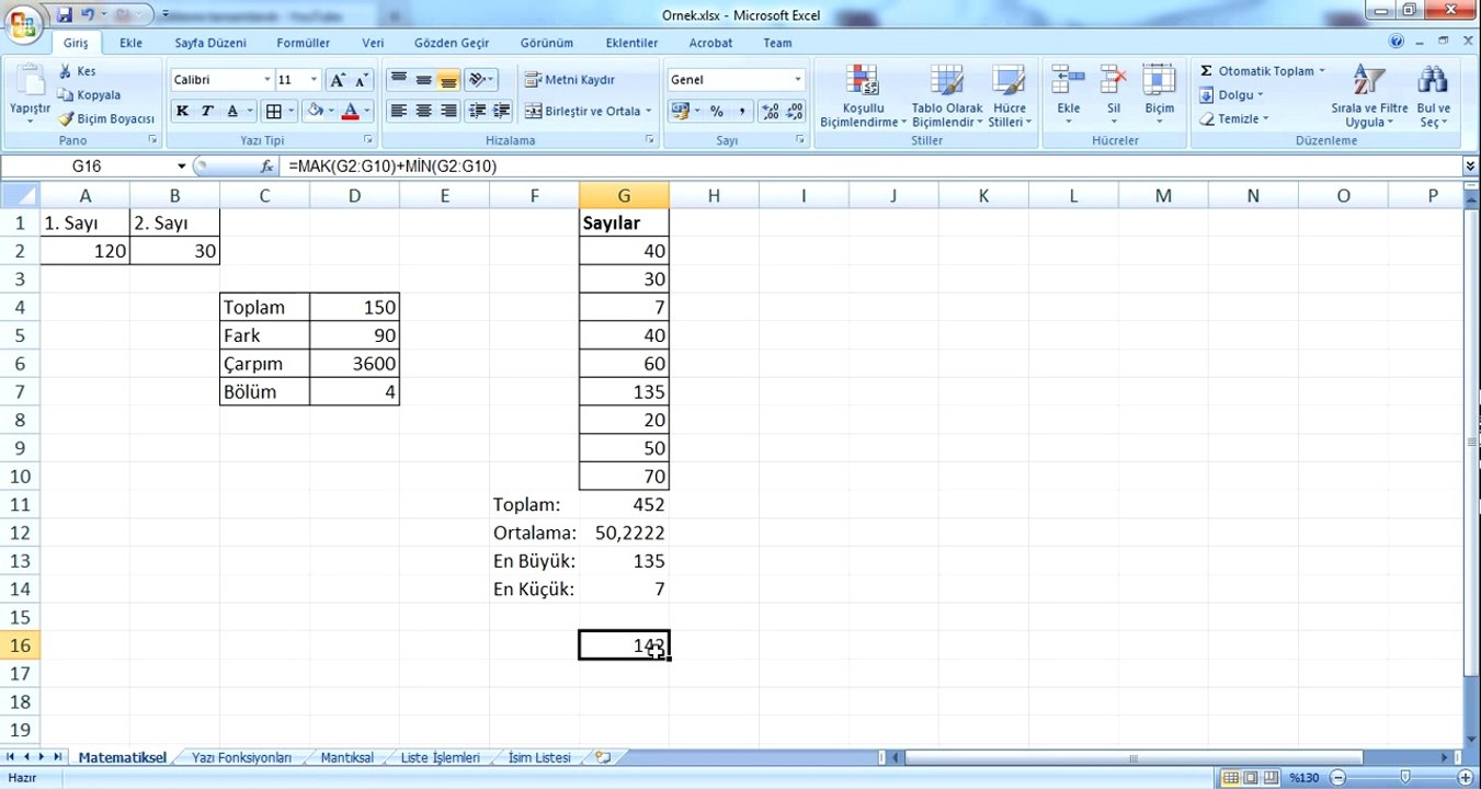 Temel Matematiksel İfadeler ve Fonksiyonlar (Excel)