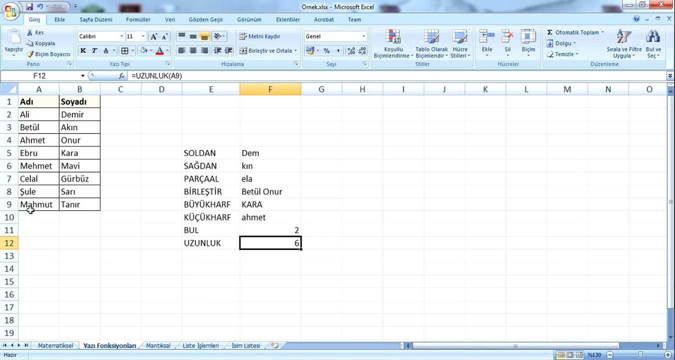 Yazı Fonksiyonları (Excel)