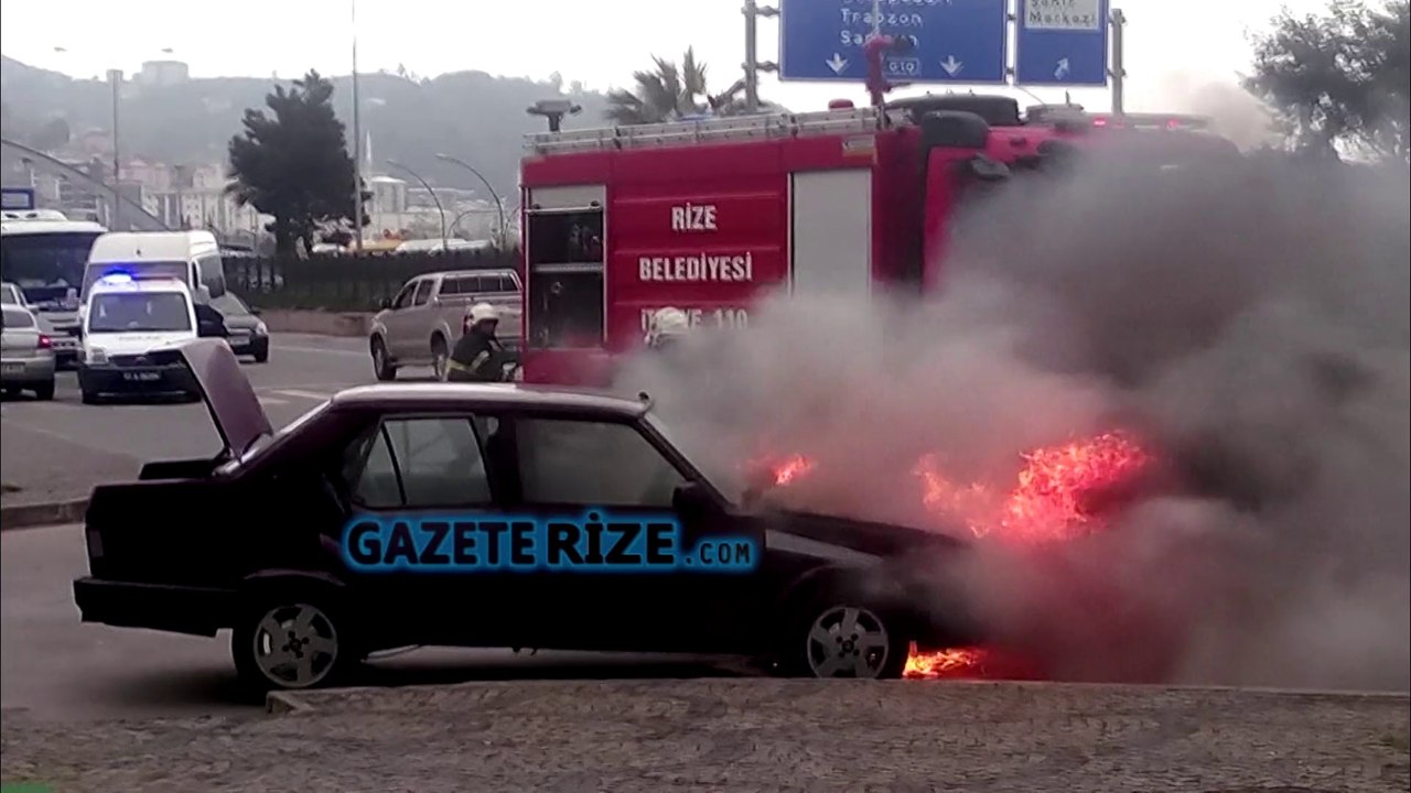 rizede araç cayır cayır yandı