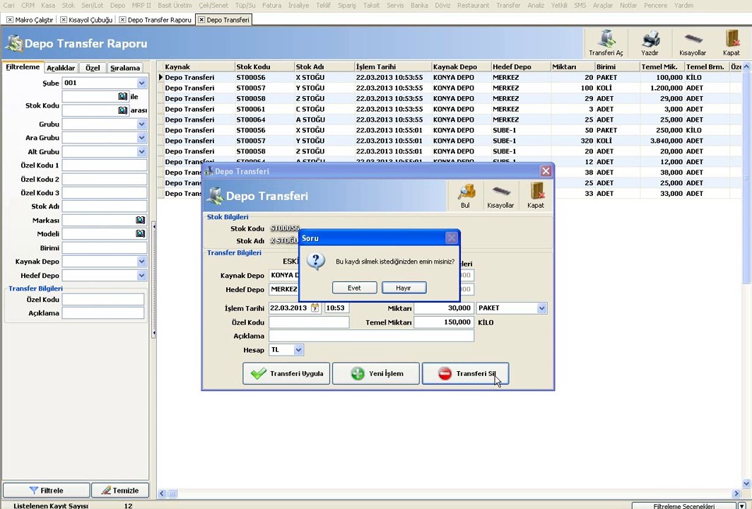 WOLVOX ERP Programı Depo Transfer Raporu