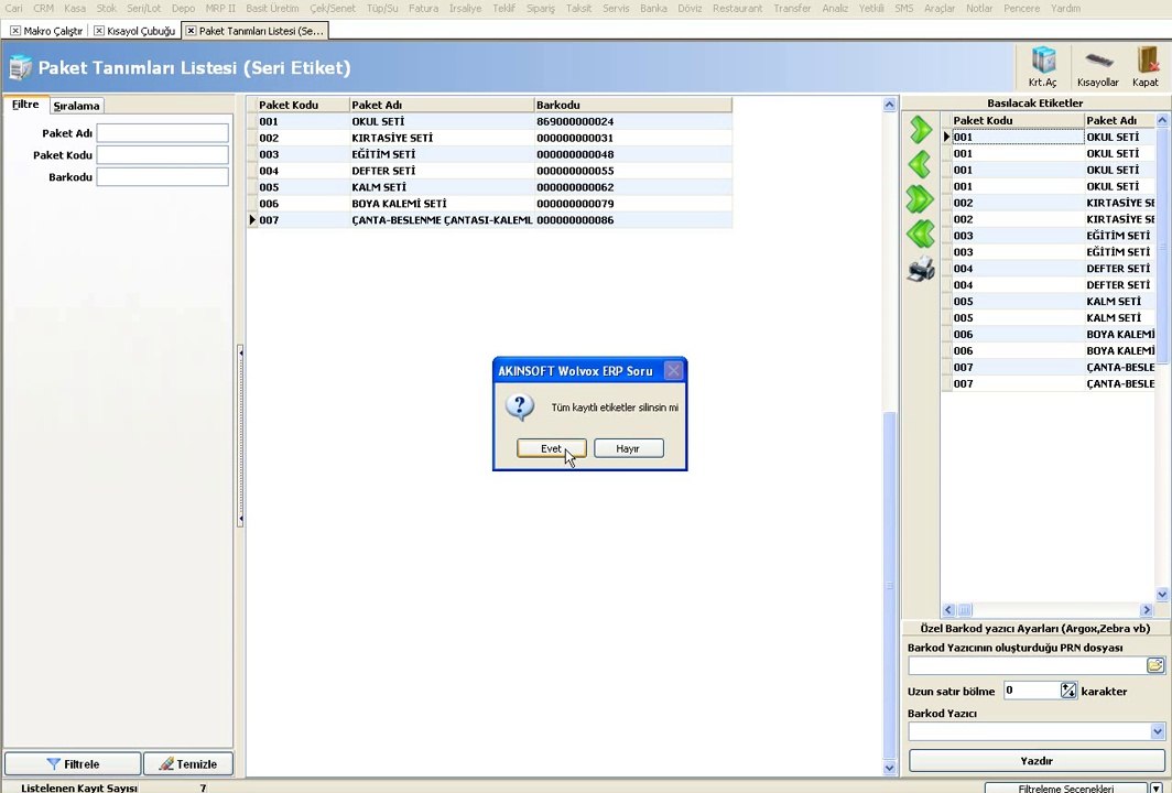WOLVOX ERP Paket Tanımları Listesi Seri Etiket