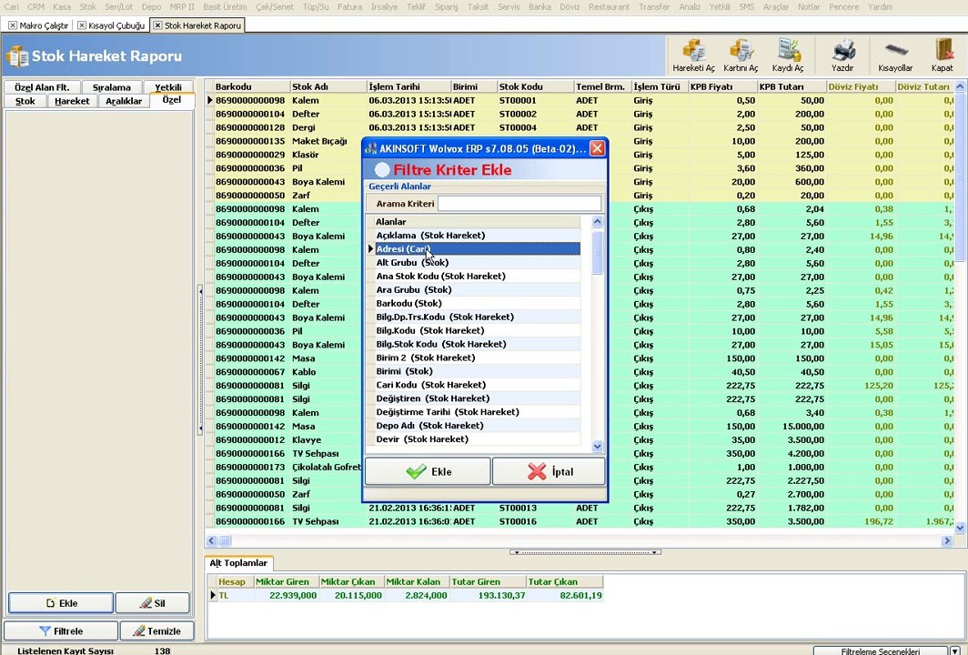 WOLVOX ERP Stok Hareket Raporu