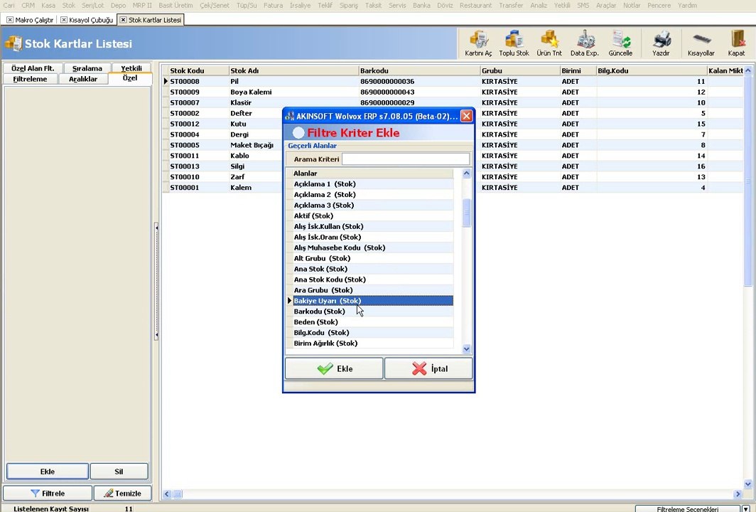 WOLVOX ERP Stok Kartlar Listesi