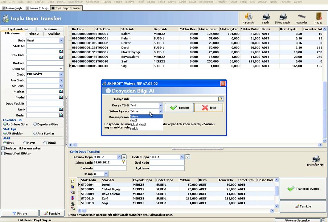 WOLVOX ERP Toplu Depo Transferi