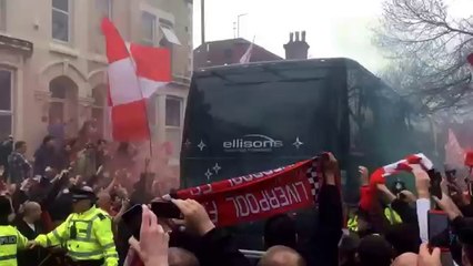Liverpool FC fans welcome the team coach to Anfield ahead of Manchester City's visit