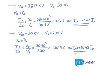 Calcular la relacion de intensidad de entrada y salida del transformador