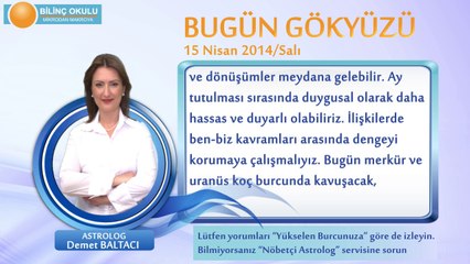 BALIK Burcu, GÜNLÜK Astroloji Yorumu,15 NİSAN 2014, Astrolog DEMET BALTACI Bilinç Okulu