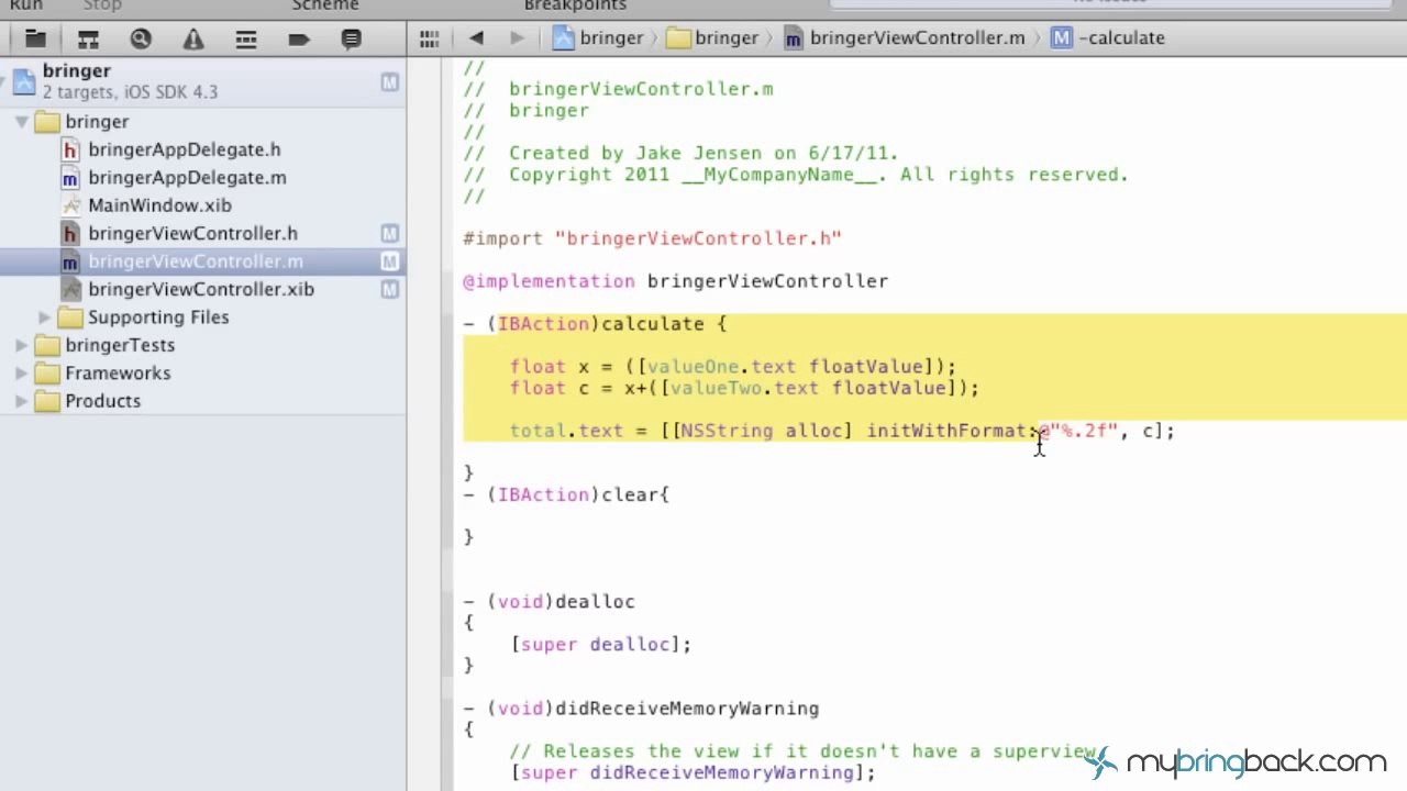 Learn Xcode 4 Tutorial iOS iPad iPhone 1.5  Implementing Methods Actions