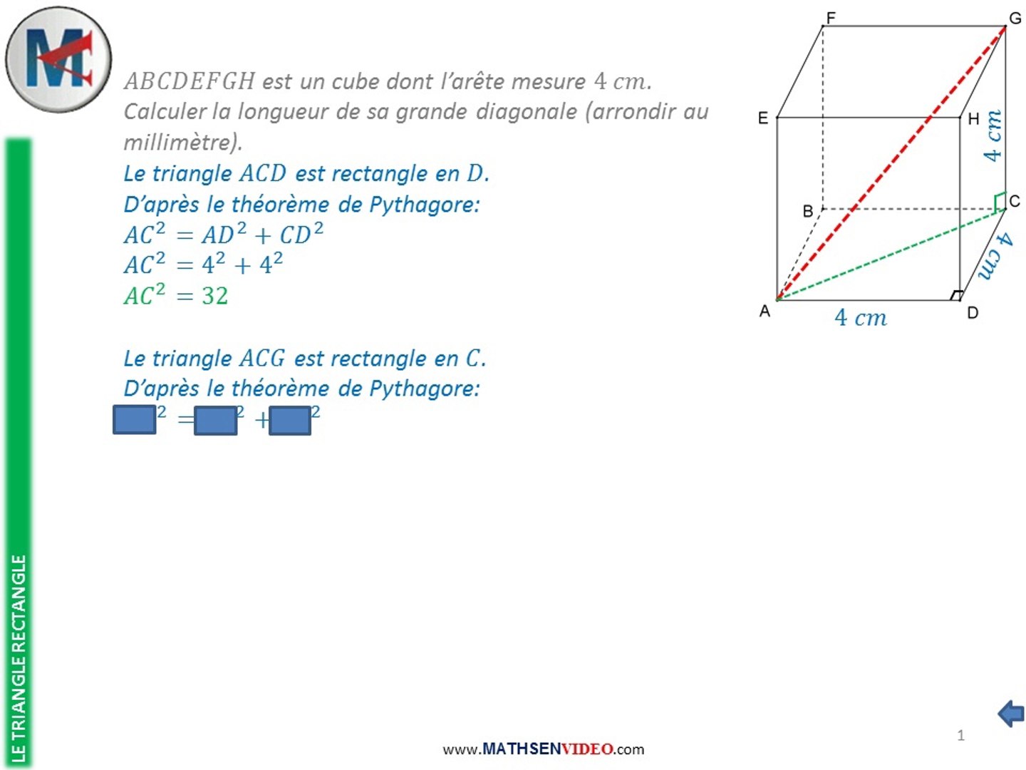Calculer La Diagonale D Un Cube Exercice: Calcul d'hypoténuse par Pythagore - Vidéo Dailymotion