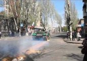 Armored Vehicle With Russian Flag Moves Through Streets of Slovyansk